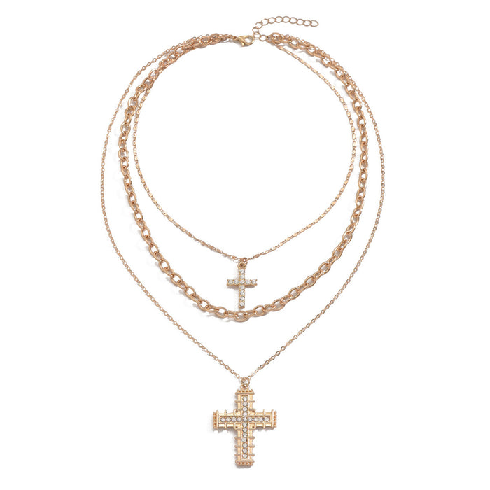 Wholesale Fashionable and trendy double-layer cross pendant necklace with niche design and diamond studded creative collarbone chain