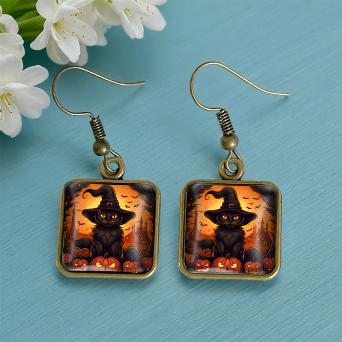 Wholesale  Black Cat Pumpkin Autumn Vintage Copper Square Time Gem Crystal Glass Earrings