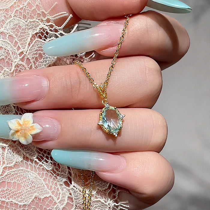 Wholesale Super sparkling zircon geometric necklace accessory, light luxury, simple and high-end pendant, niche blue oval collarbone chain