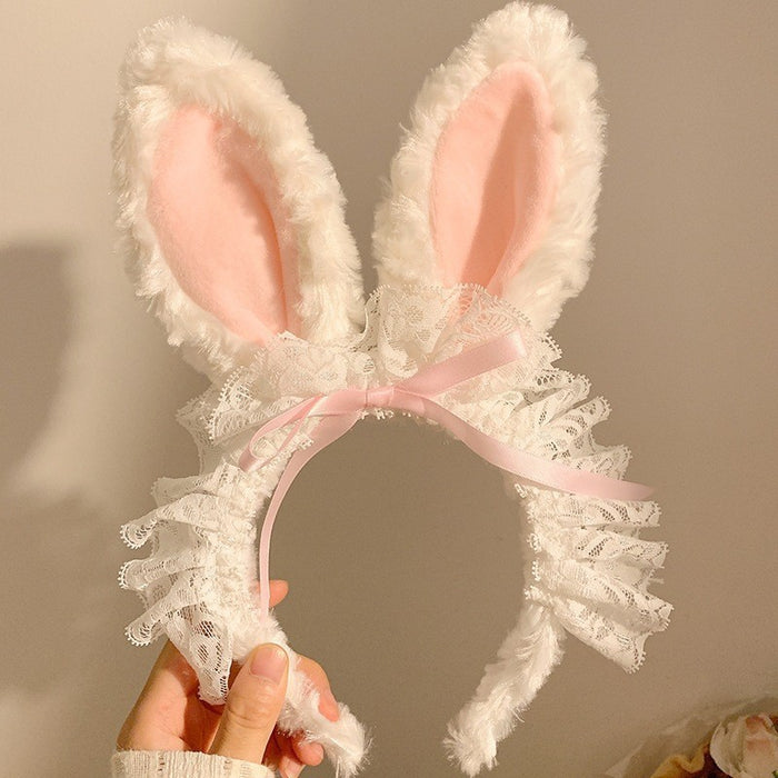 Wholesale Cute bow bunny ears lace trim plush headband