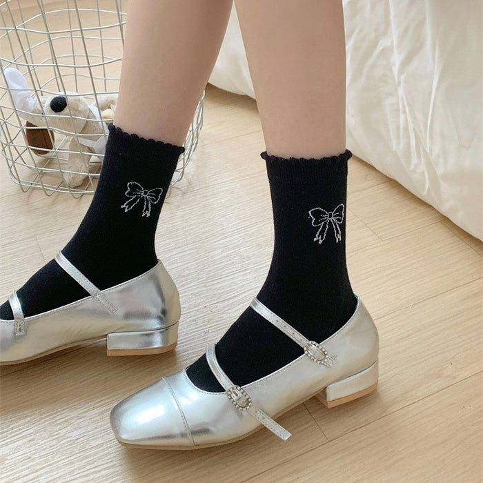 Wholesale Bow gray mid tube socks with mesh ultra-thin women's socks