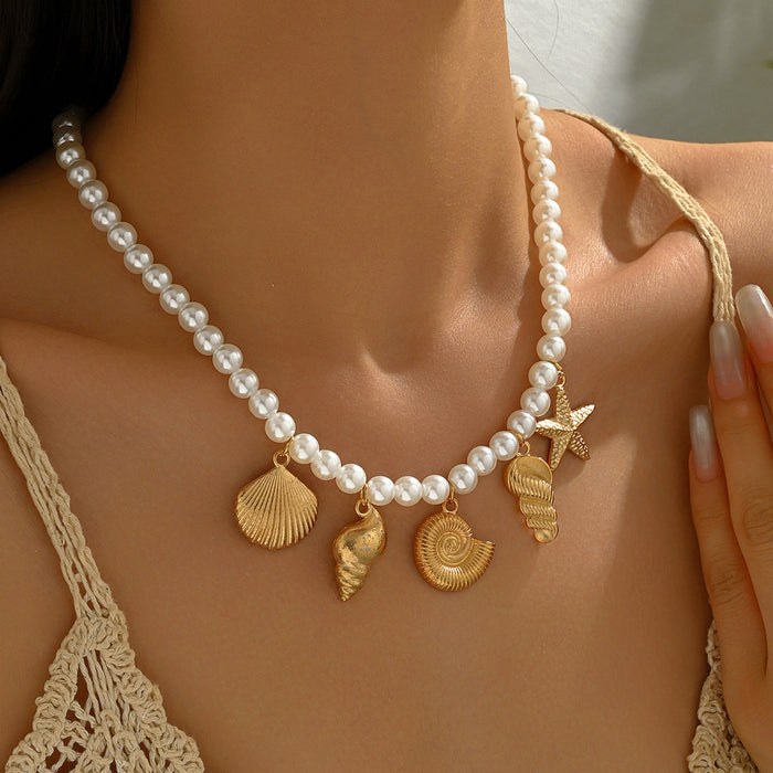 Wholesale Alloy Shell Starfish Conch Pendant Necklace Accessible Pearl Jewelry Necklace