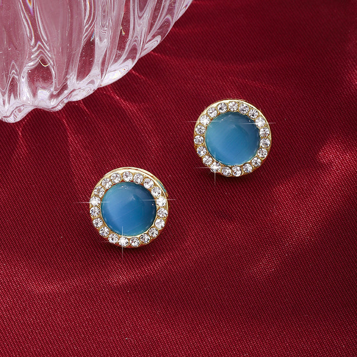 Wholesale Silver Needle Fashion Cat Eye Stone with Diamond and Pearl Earrings, High Grade Color Round Earrings, Wholesale