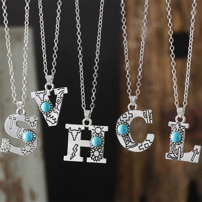 Wholesale 2pcs Retro 26 English Letter Turquoise Necklace