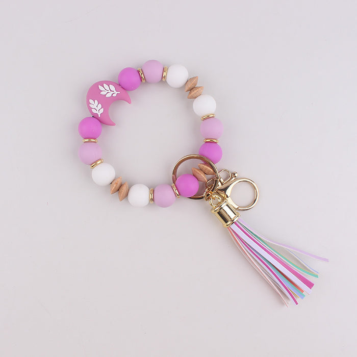 Wholesale Silicone moon beads bag key bracelet bracelet silicone beads beech wood beads tassel keychain