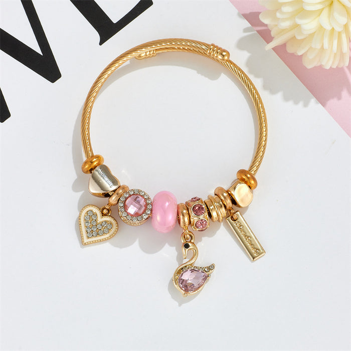 Wholesale Black Electroplated Stainless Steel Rhinestone Swan Charm Bracelet for Women Trendy Gift