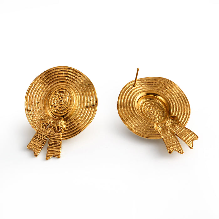 Wholesale Stainless steel straw hat earrings, personalized retro texture earrings, ring matching wholesale