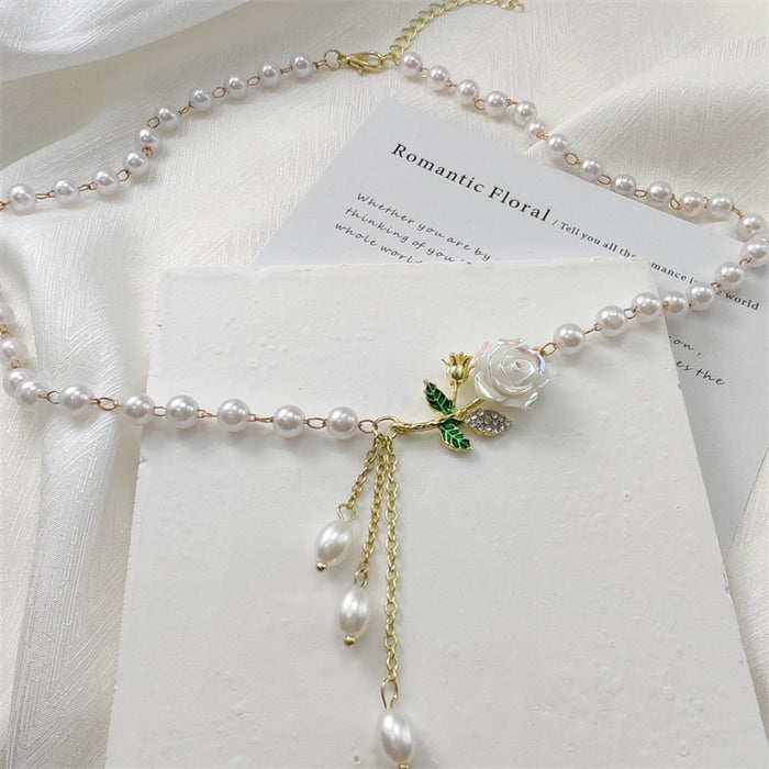 Wholesale Vintage Camellia Tassel Pearl Necklace, Light Luxury, Elegant, Exquisite Clavicle Chain, Neck Chain Jewelry