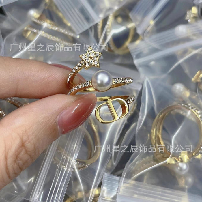 Wholesale Three ring large pearl ring, women's full diamond surround ring