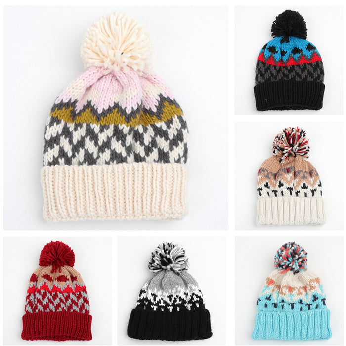 Wholesale Color blocked Geometric Diamond Jacquard Beanie with Colorful Turn-up Thickened Warm Knitted Hat