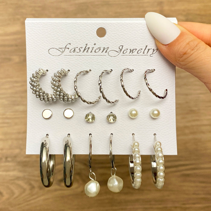 Wholesale 6-piece geometric pearl and diamond statement earring set