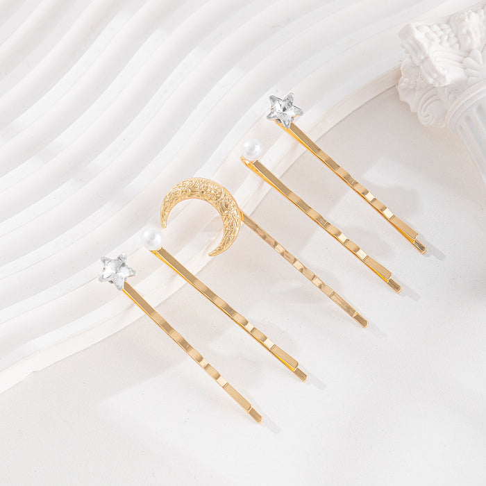 Wholesale Fashion jewelry set with diamond studded stars, alloy moon headpiece, pearl hair clip set