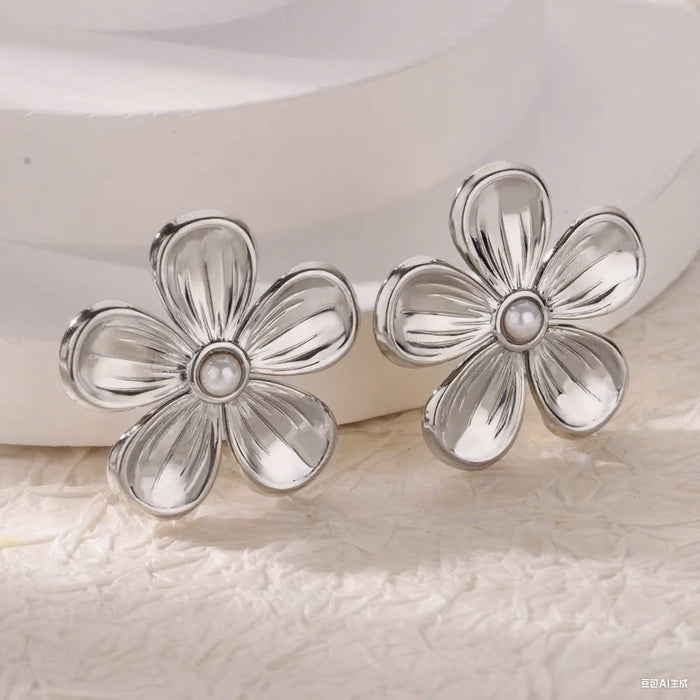 Wholesale Stainless Steel Pearl Earrings Lilac Stereo Earrings Titanium Steel Jewelry