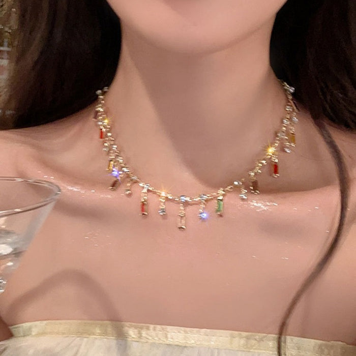 Wholesale Summer fashion, light luxury, niche design, high-end color tassel zircon collarbone necklace accessories