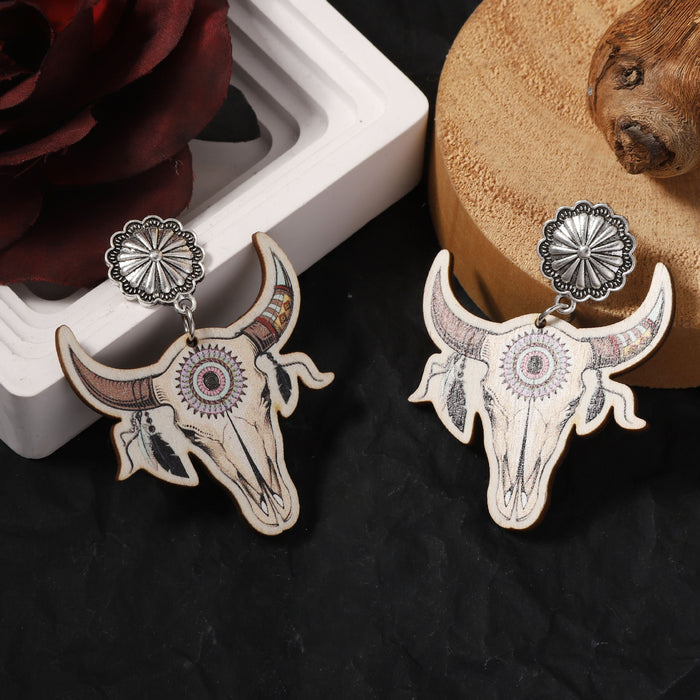 Wholesale Western Denim Style Printing Wooden Creative Farm Highland Cattle Ear Drop