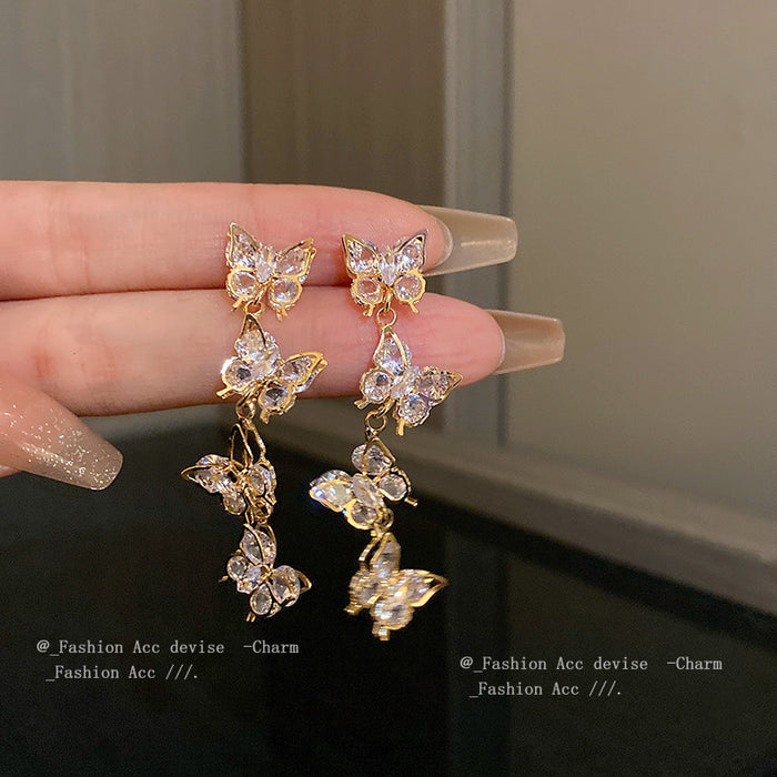 Wholesale Silver Needle Zircon Butterfly Tassel Earrings JDC-ES-HuiHe004