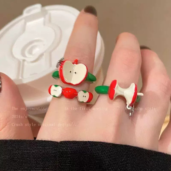 Wholesale Sweet and lovely sliced red and green apple ring, niche design, personalized and versatile ring