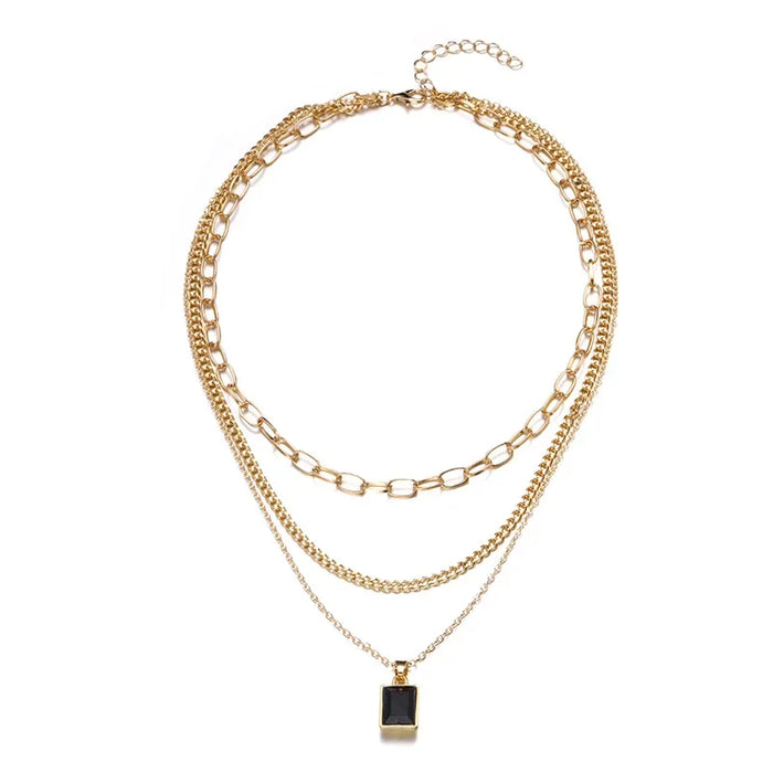 Wholesale Fashionable multi-layer alloy necklace, thick chain, square pendant, exaggerated necklace accessory