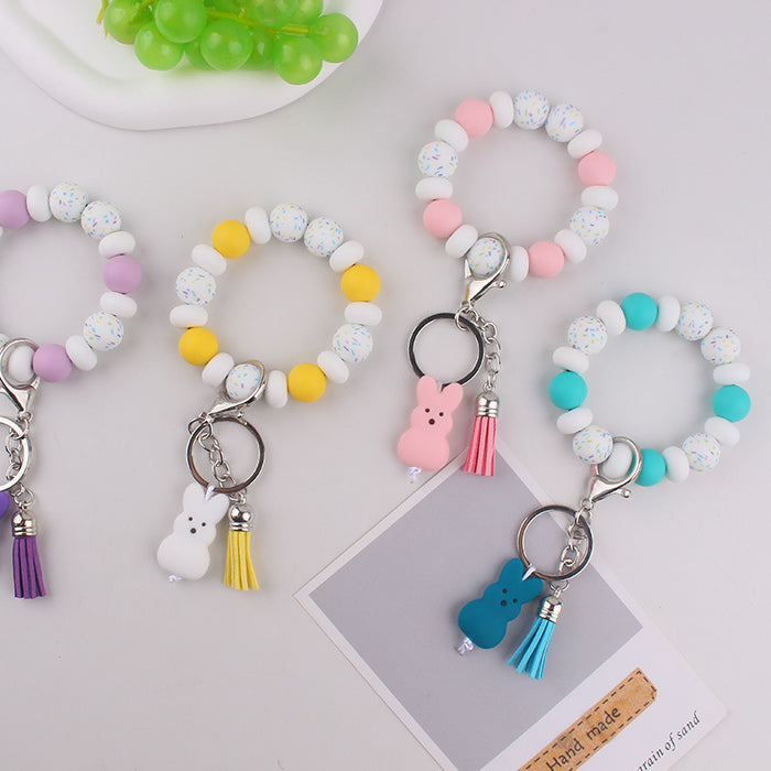 Wholesale Silicone Food Grade Silicone Bead Rabbit Bracelet Wrist Keychain Pendant Tassel Bracelet
