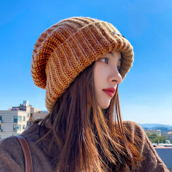 Wholesale large version of coarse wool hat children' s big head circumference loose thick knitted hat face small warm cold hat