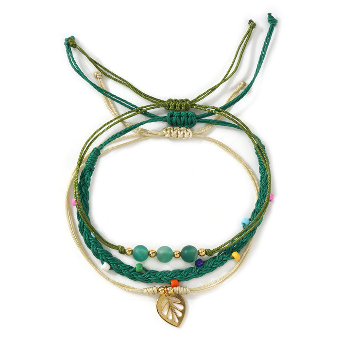 Wholesale Beach Vacation Style Wax Thread Bracelet With Multi Layer Green Natural Stone Beads And Leaf Pendant Everyday Fashion Accessory