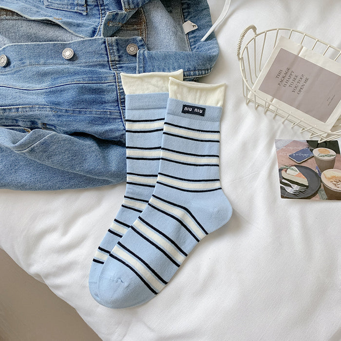 Wholesale Striped socks, mid tube, double ribbed, color blocked fabric, label pile socks, versatile long tube cotton socks