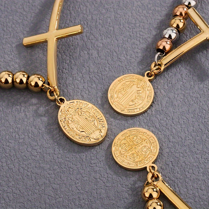 Wholesale Stainless steel round bead bead string bracelet with cross hanging tag