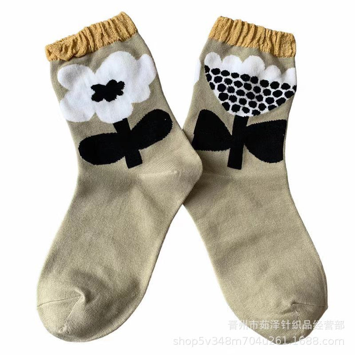 Wholesale Cotton socks, cat flower cactus trendy socks, women's socks, mid tube socks