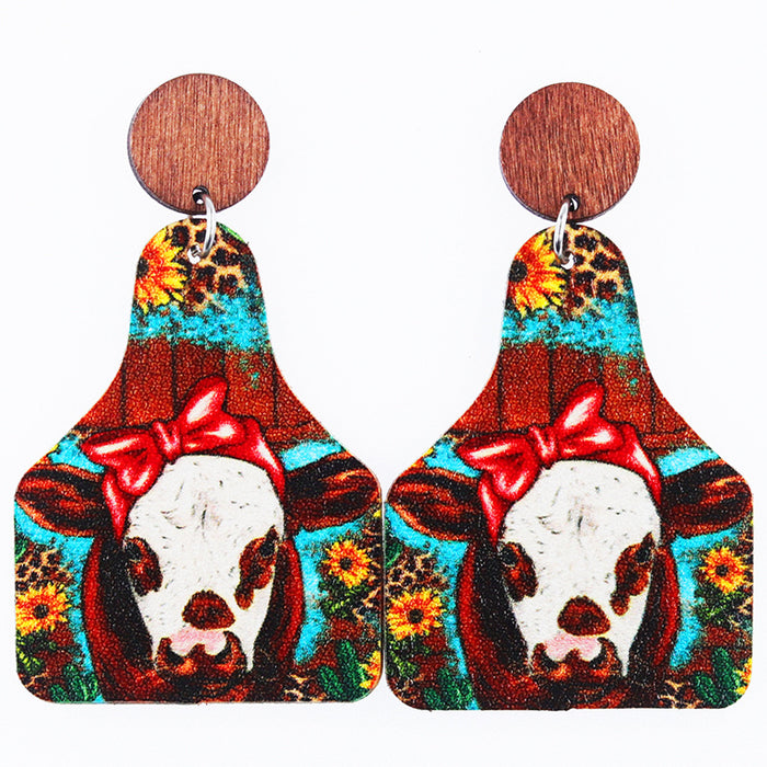 Wholesale Western Old Style Cow Sunflower Leopard Print Leather Bottle Shape Wooden Disc Splicing Earrings