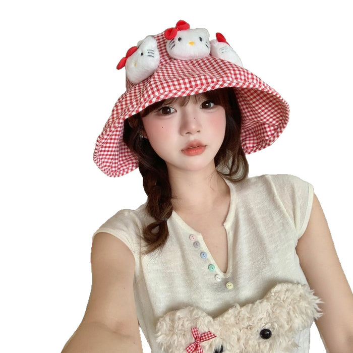 Wholesale Leisure red checkered basin hat with large brim for sun protection, cute cartoon fisherman hat