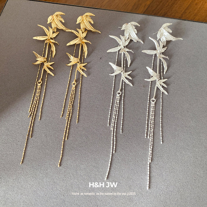 Wholesale Silver needle bamboo leaf tassel earrings new Chinese style fashion temperament niche cold style earrings light luxury high-end earrings for women