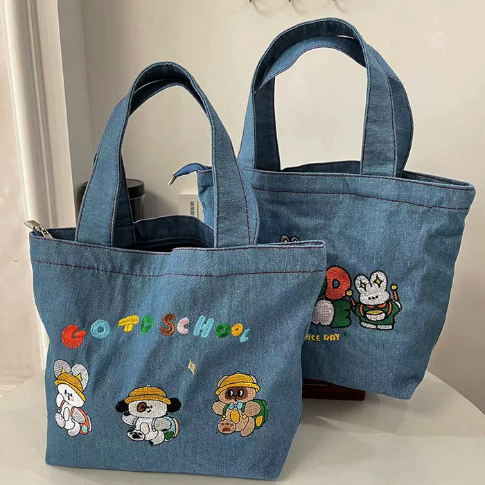 Wholesale Cartoon embroidery washed denim large capacity handbag student cute handbag bucket lunch bag