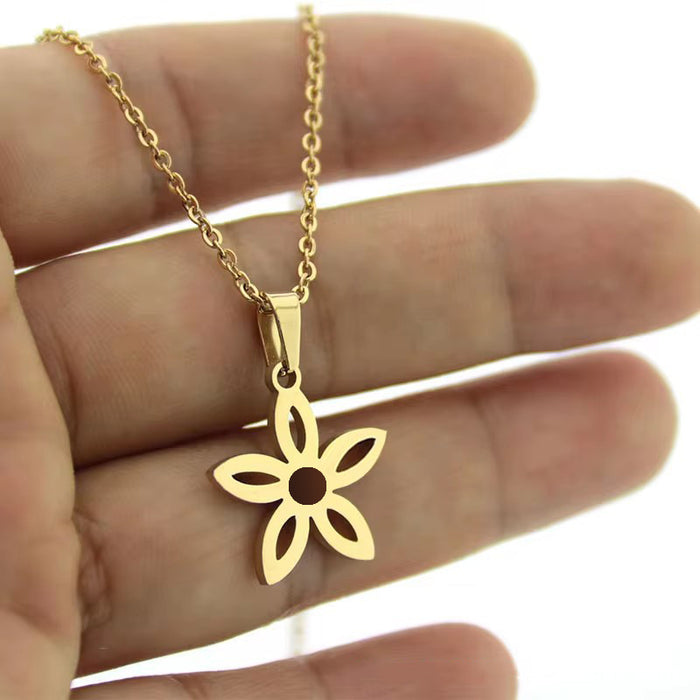 Wholesale New minimalist smooth short necklace, collarbone chain, stainless steel hollow flower pendant, fashionable accessory