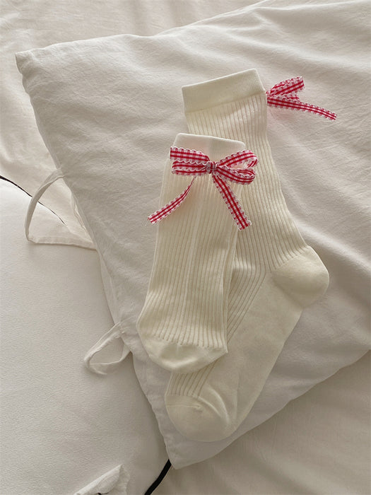 Wholesale Checkered bow, stacked socks, mid tube socks