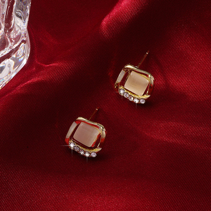 Wholesale S925 silver needle Korean square cat's eye stone inlaid with zirconium