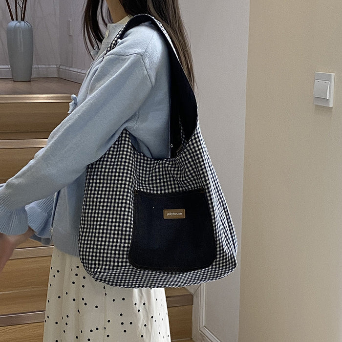 Wholesale Cowboy plaid double-sided shoulder bag, versatile class backpack, casual commuting tote bag