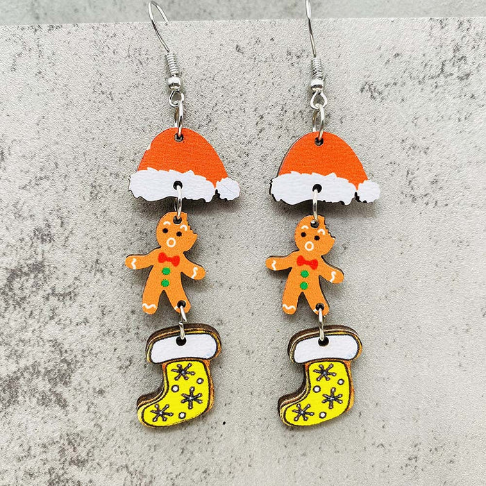 Wholesale New Christmas Earrings Snowman Santa Claus Gift Gingerbread Man Candy Wooden Earrings JDC-ES-YaChen009