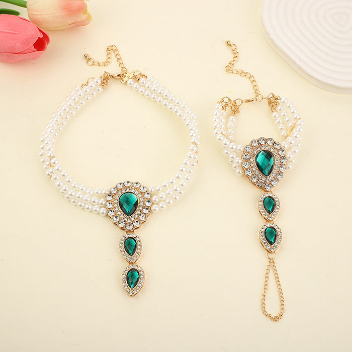 Wholesale Exaggerated design, pearl studded diamond water droplet bracelet, ring, one-piece bracelet, high-end necklace