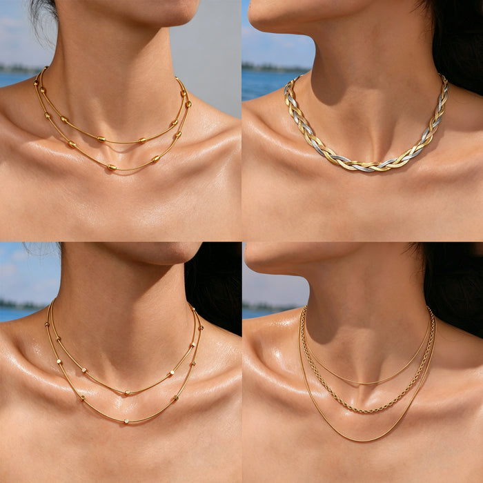 Wholesale 2pcs Stacked necklaces,  plain chain,  snake bone,  titanium steel chain