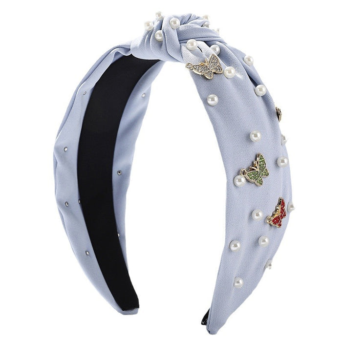 Wholesale Solid Color Butterfly Pearl Knotted Wide-brimmed Fabric Headband JDC-HD-Wupei005