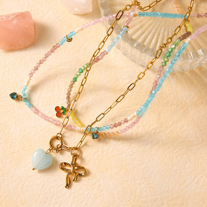 Wholesale Personalized stainless steel cherry necklace with bow pendant, natural stone heart necklace wholesale