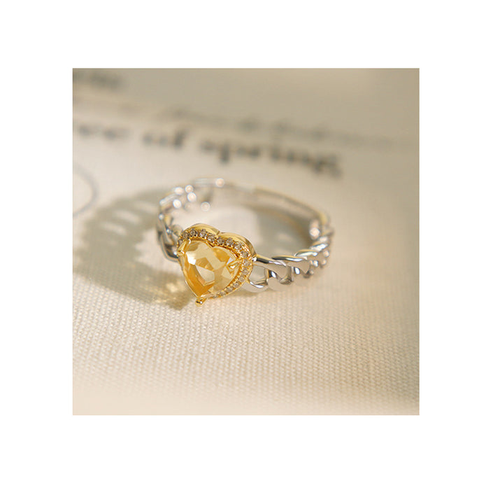 Wholesale Natural yellow crystal heart ring original niche temperament light luxury high-end ring