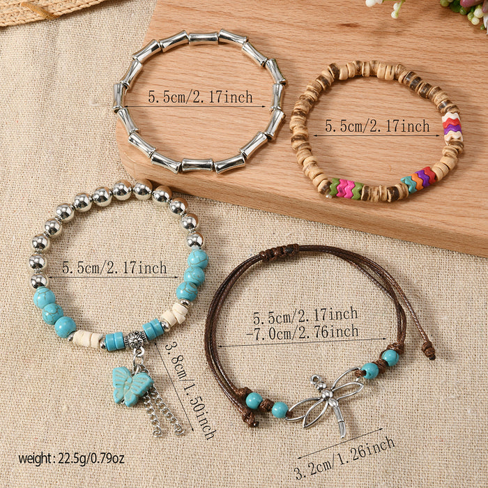 Wholesale 4-piece set of multi-layered Bohemian style simple dragonfly turquoise butterfly tassel beaded bracelets
