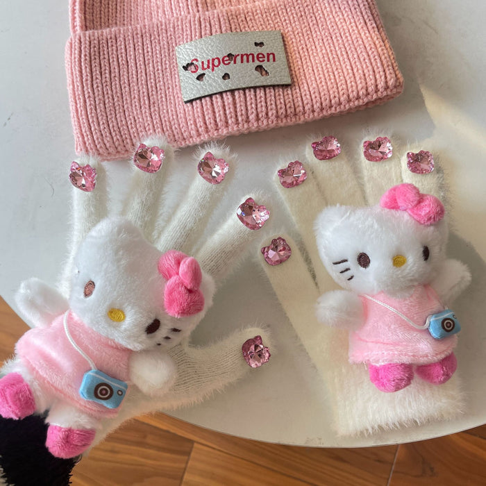 Wholesale rhinestone cute plush gloves autumn and winter girl warm knitted five-finger gloves