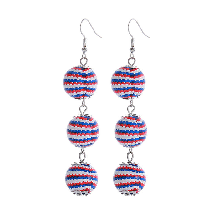 Wholesale American Independence Day Colorful Printed Flag Wooden Beads Long Round Bead Pendant Earrings JDC-ES-ChouTteng018
