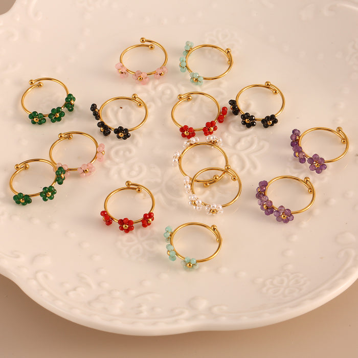 Wholesale Fashionable and minimalist stainless steel natural stone flower ring with niche design and three flower opening ring wholesale