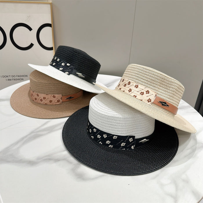Wholesale Belt splicing sunshade straw hat casual flat top hat sunshade straw hat