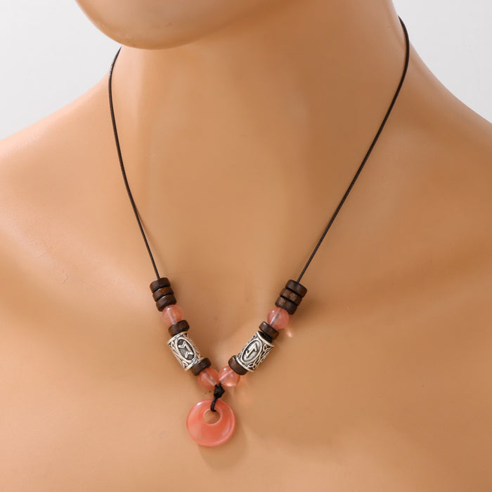 Wholesale Viking symbol necklace with stone pendant safety clasp and wooden beads