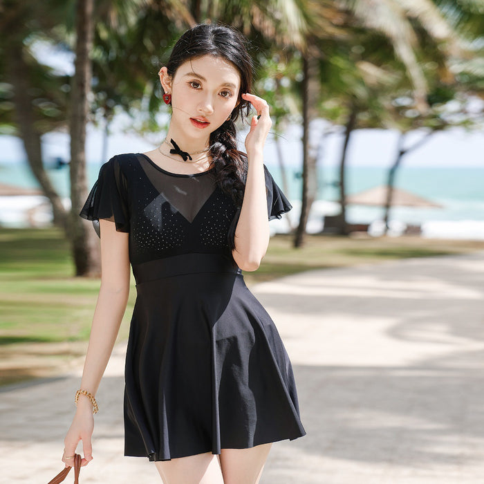 Wholesale New black skirt style one-piece swimsuit, plus size, conservative and high-end, covering the belly and slimming, hot spring swimsuit