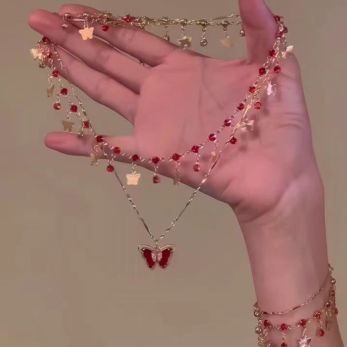 Wholesale Fashionable crystal tassel double-layer necklace, niche design, versatile butterfly pendant, collarbone chain